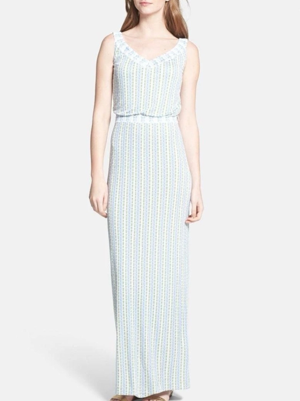 Tory Burch Micky Silk Charmeuse Maxi Dress Blue Green White Striped XL